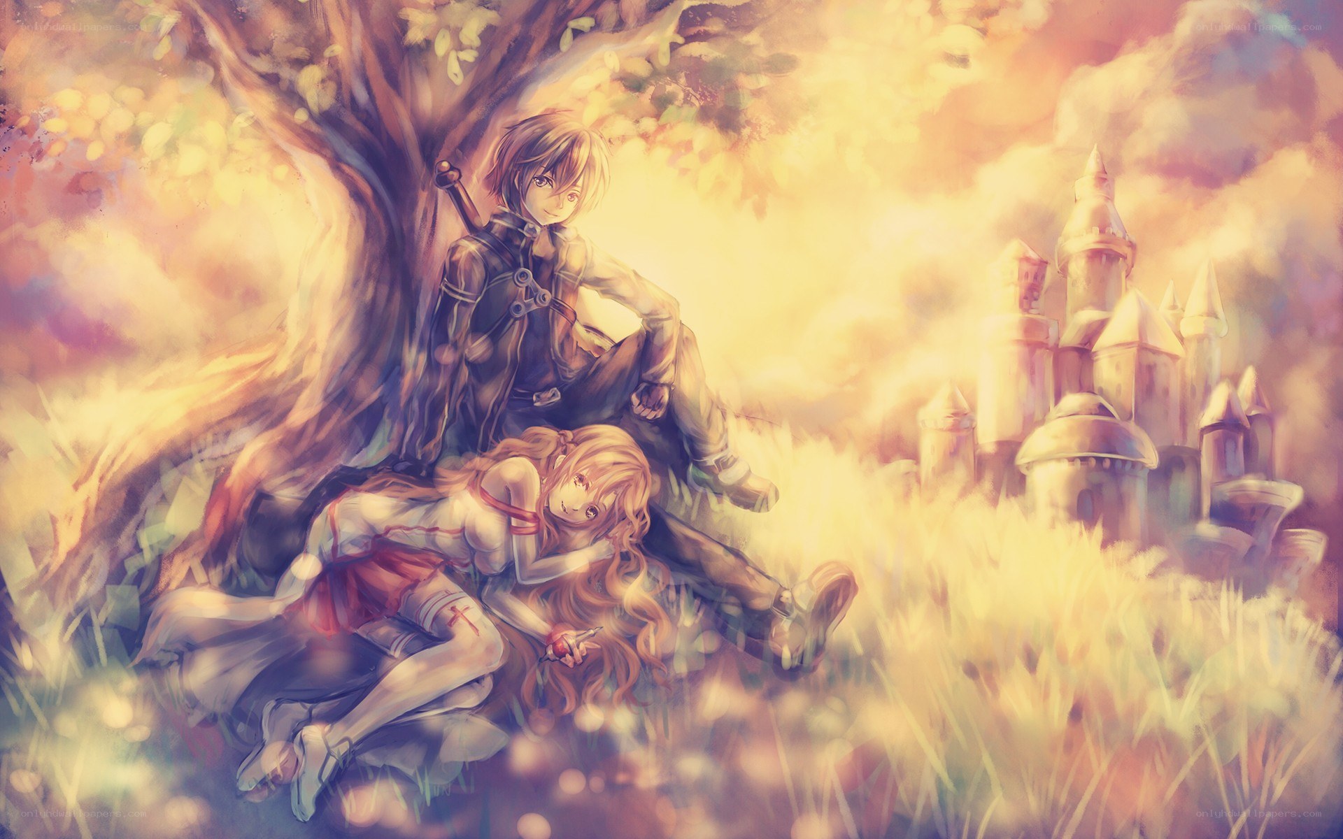 Anime couple in a fantasy field