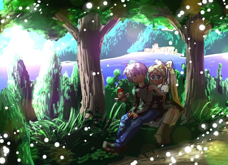 Anime couple in a forest