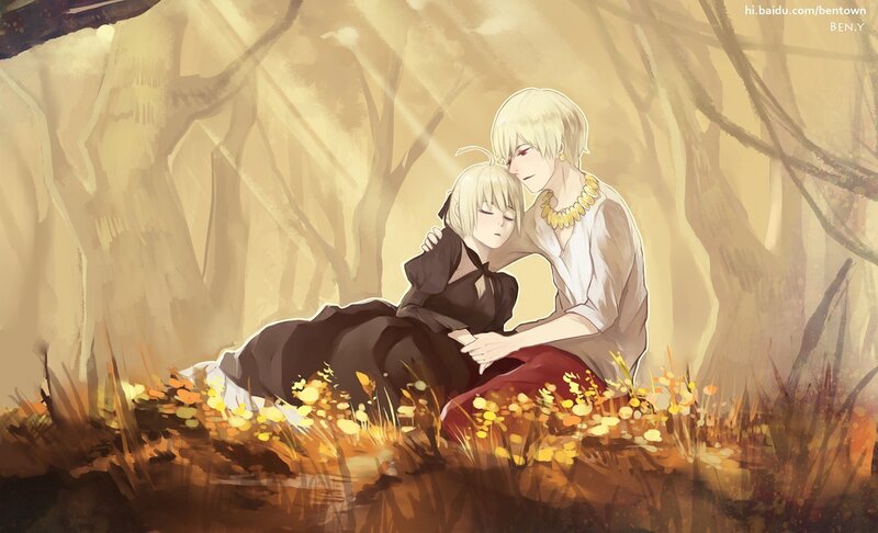 Anime couple in a forest