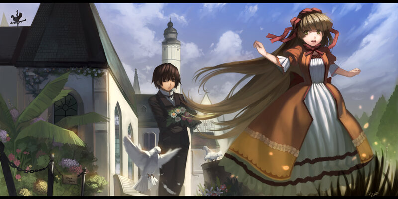 Anime couple in a garden