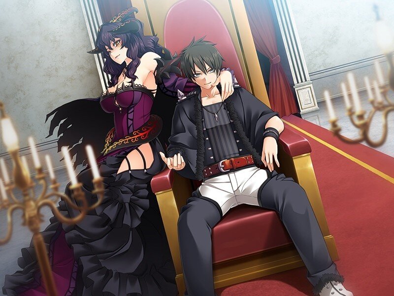 Anime couple in a grand hall