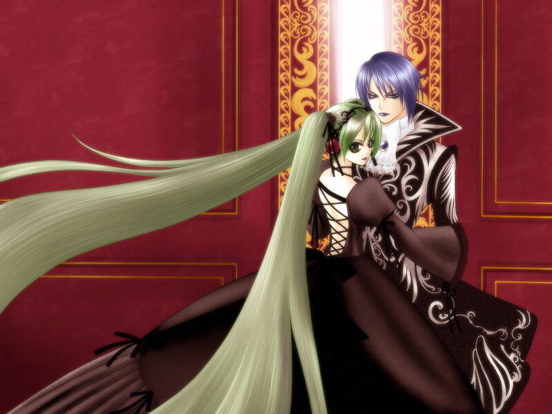 anime couple in a grand hall