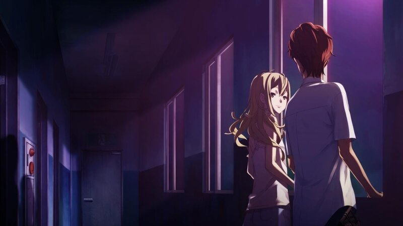 Anime couple in a hallway