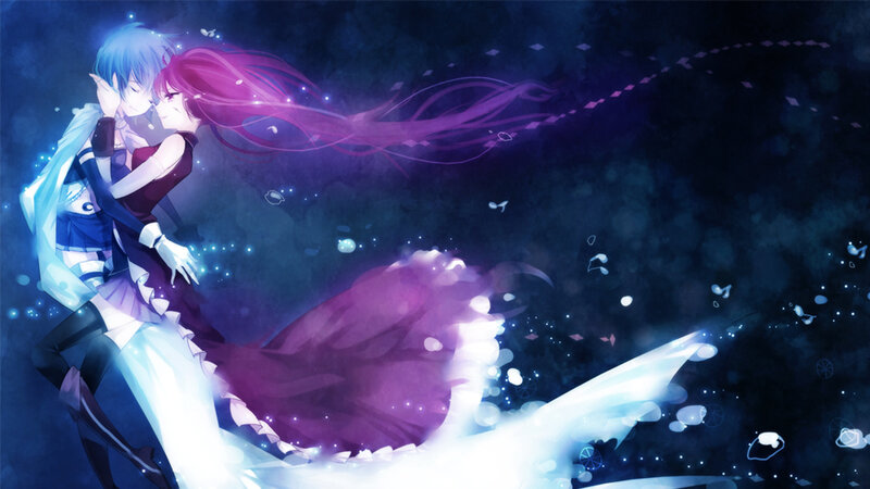 Anime couple in a magical embrace