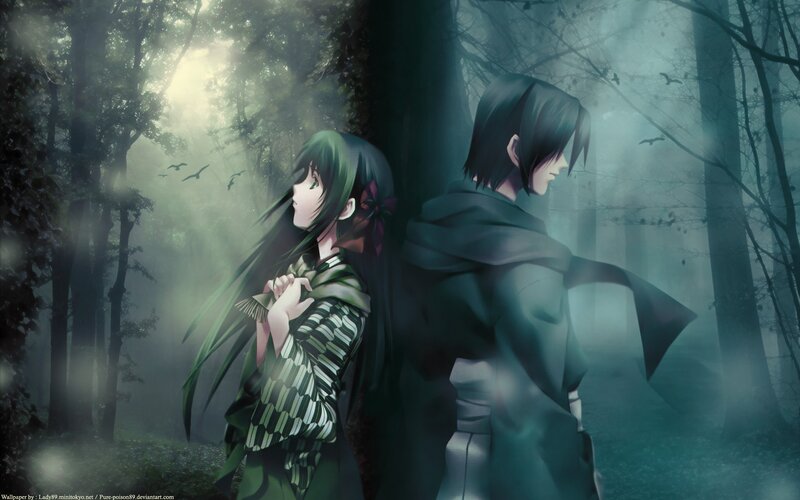 Anime couple in a misty forest