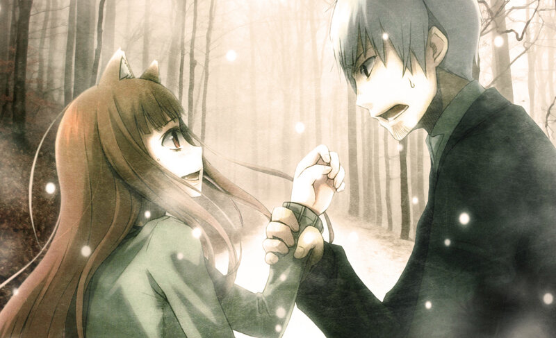 Anime couple in a misty forest