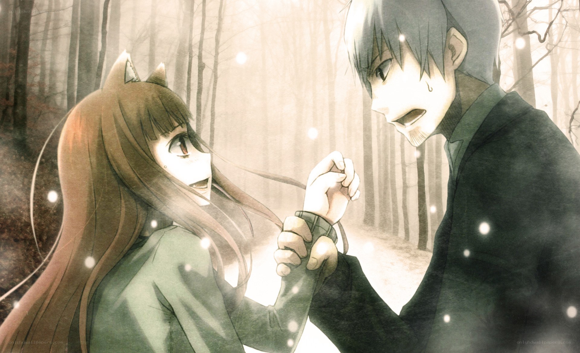 Anime couple in a misty forest