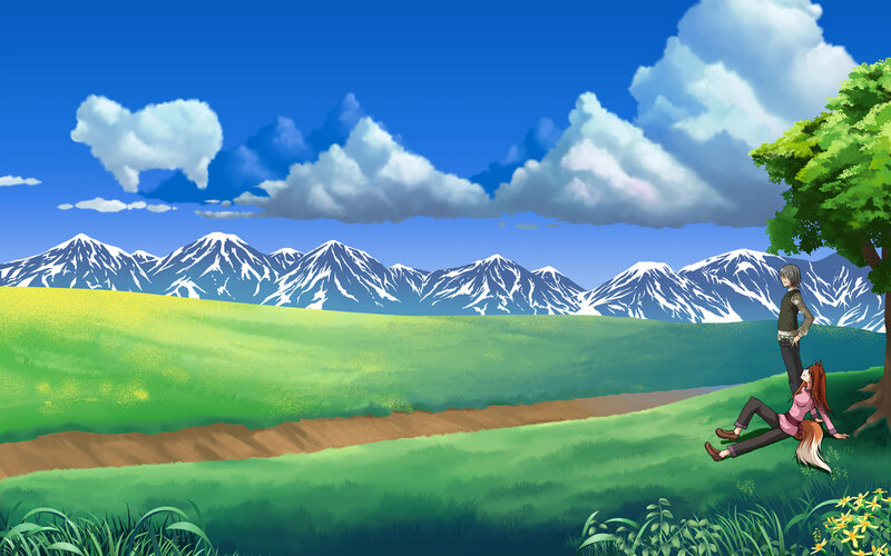 Anime couple in a mountain field
