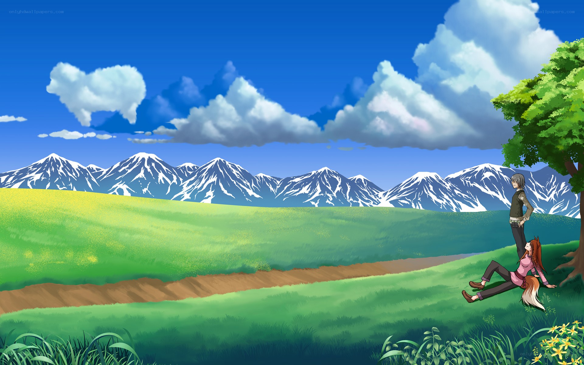 Anime couple in a mountain field