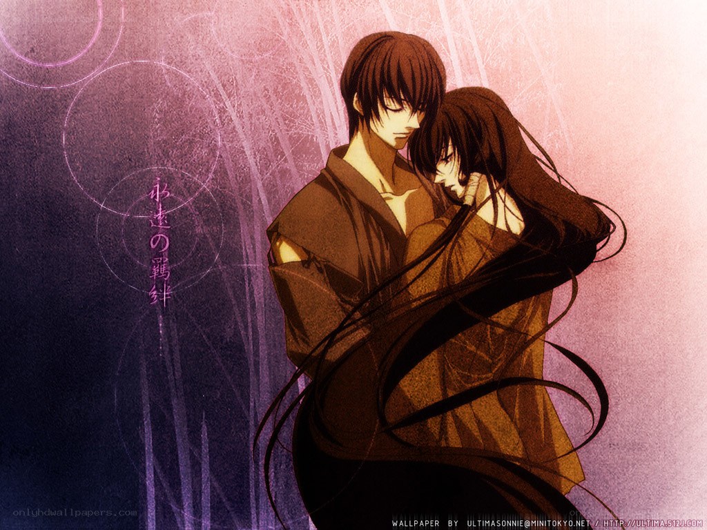 Anime couple in a tender embrace