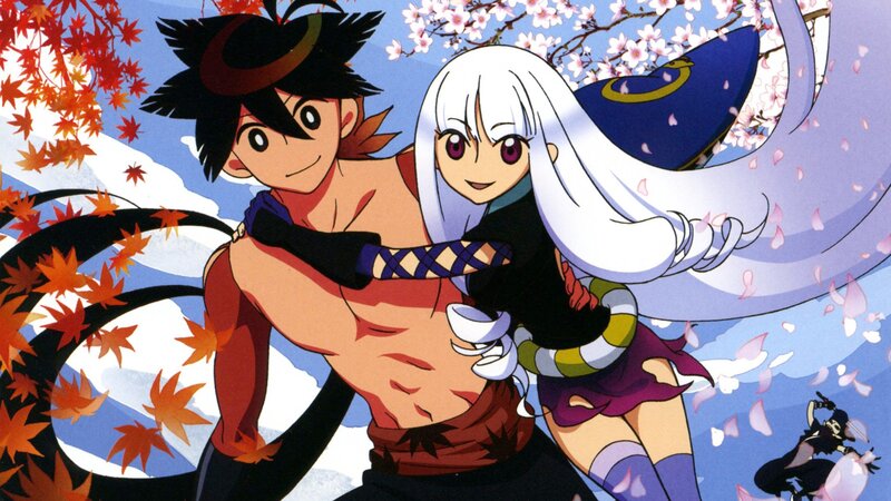 Anime couple in autumn and spring