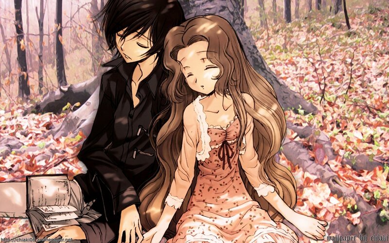 Anime couple in autumn forest