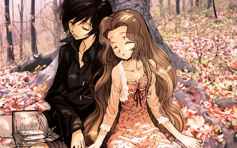 Anime couple in autumn forest