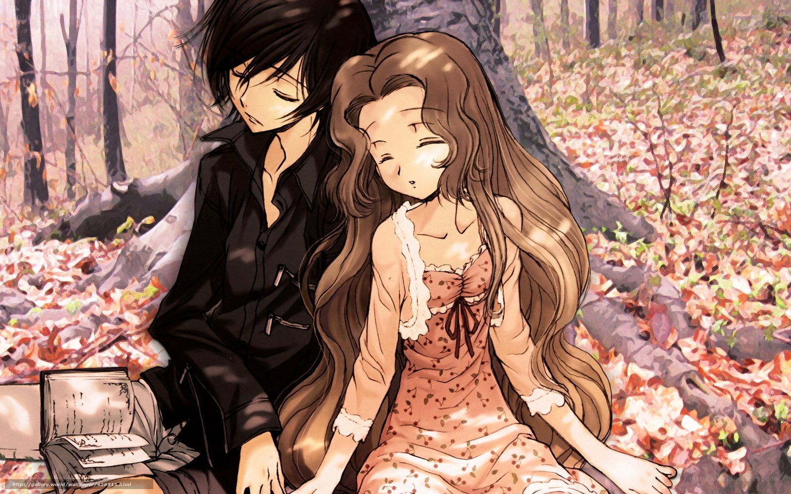 Anime couple in autumn forest