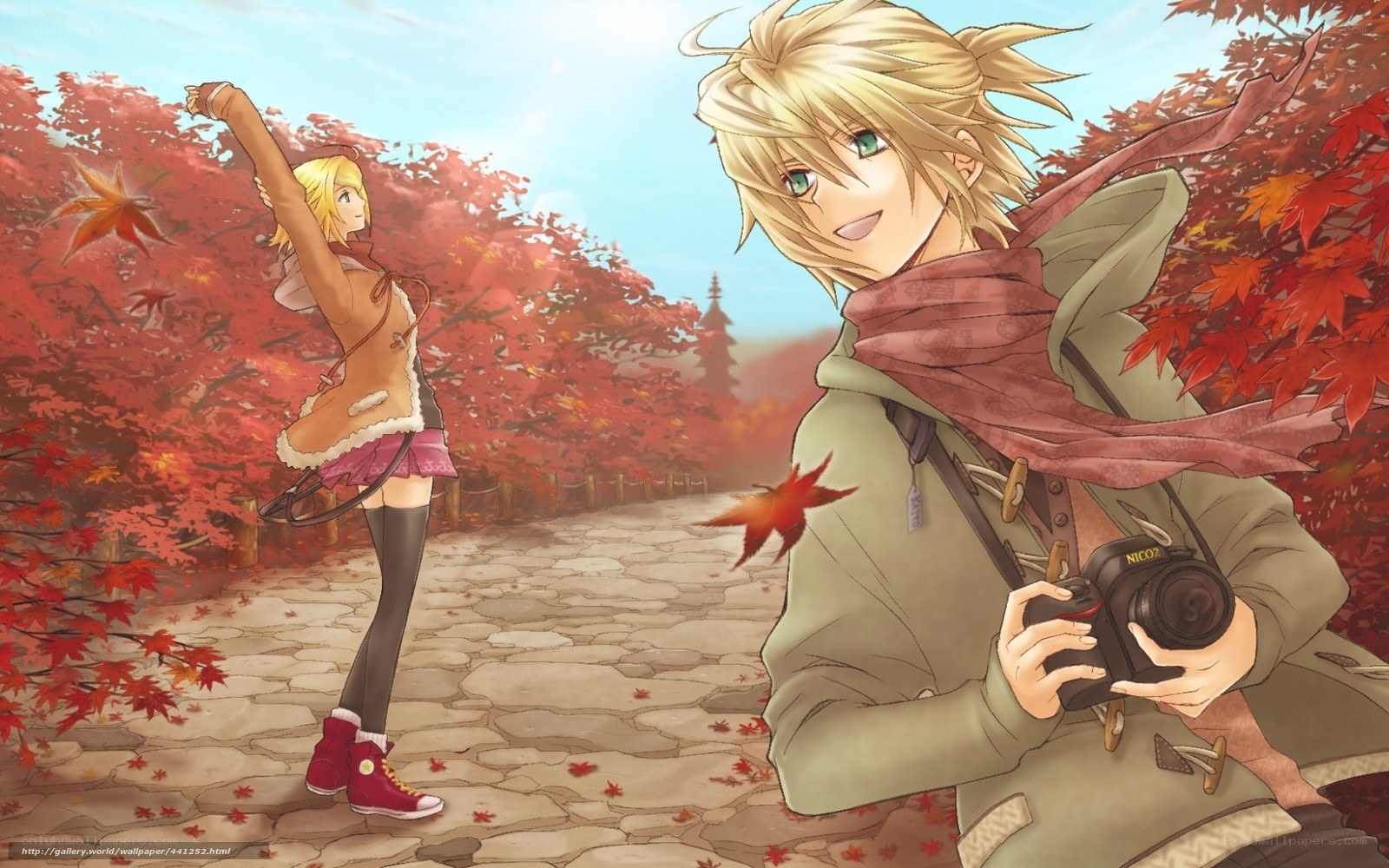 Anime couple in autumn park