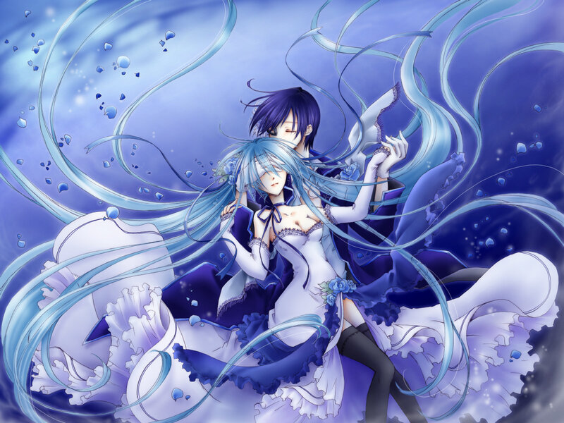 Anime couple in blue dress