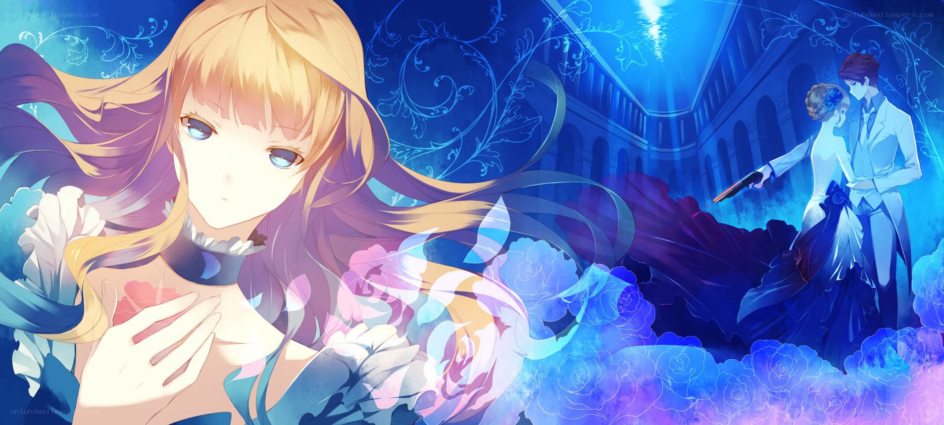 anime couple in blue light
