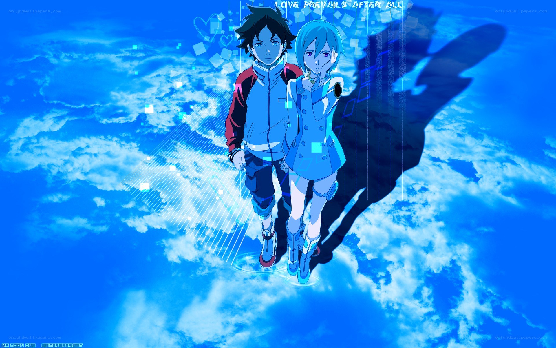 anime couple in blue sky