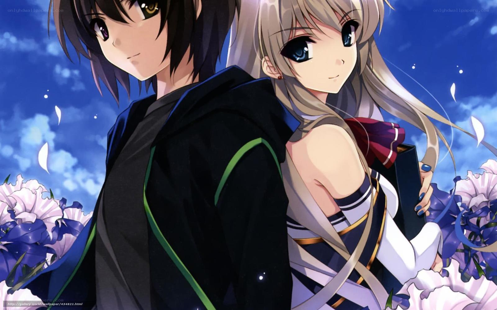 anime couple in blue sky