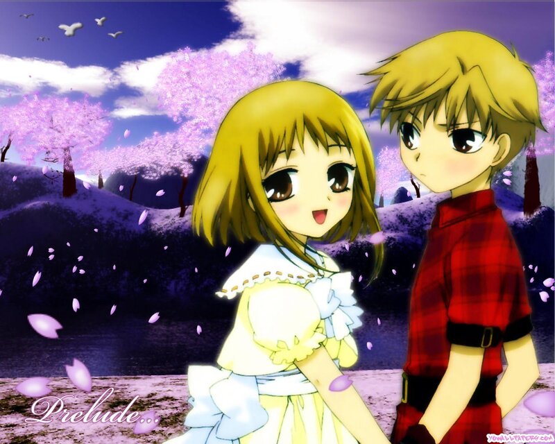 Anime couple in cherry blossom