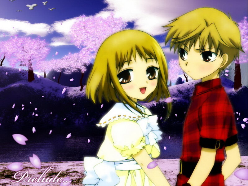 Anime couple in cherry blossom field