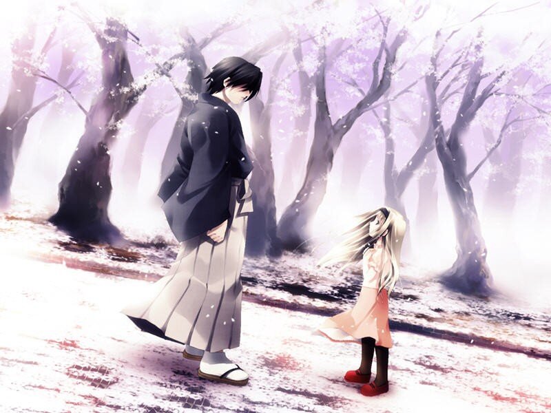 Anime couple in cherry blossom forest