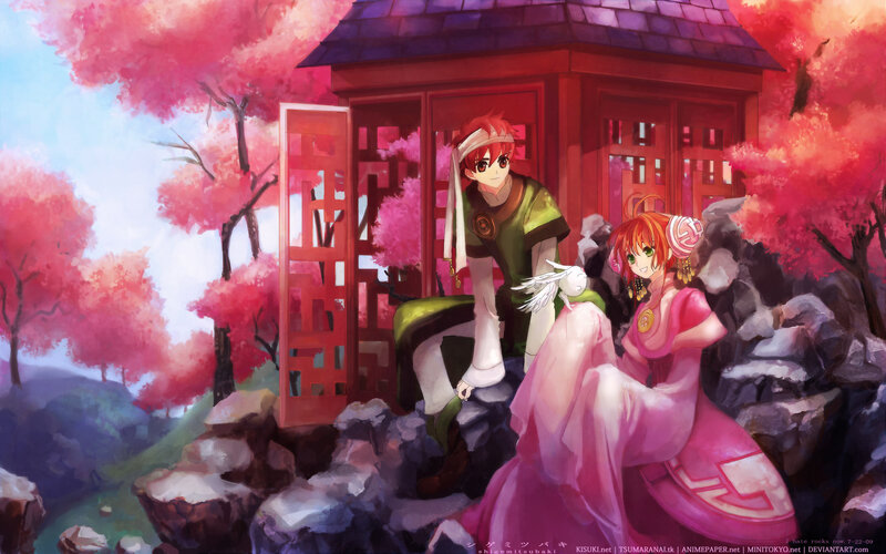 Anime couple in cherry blossom garden
