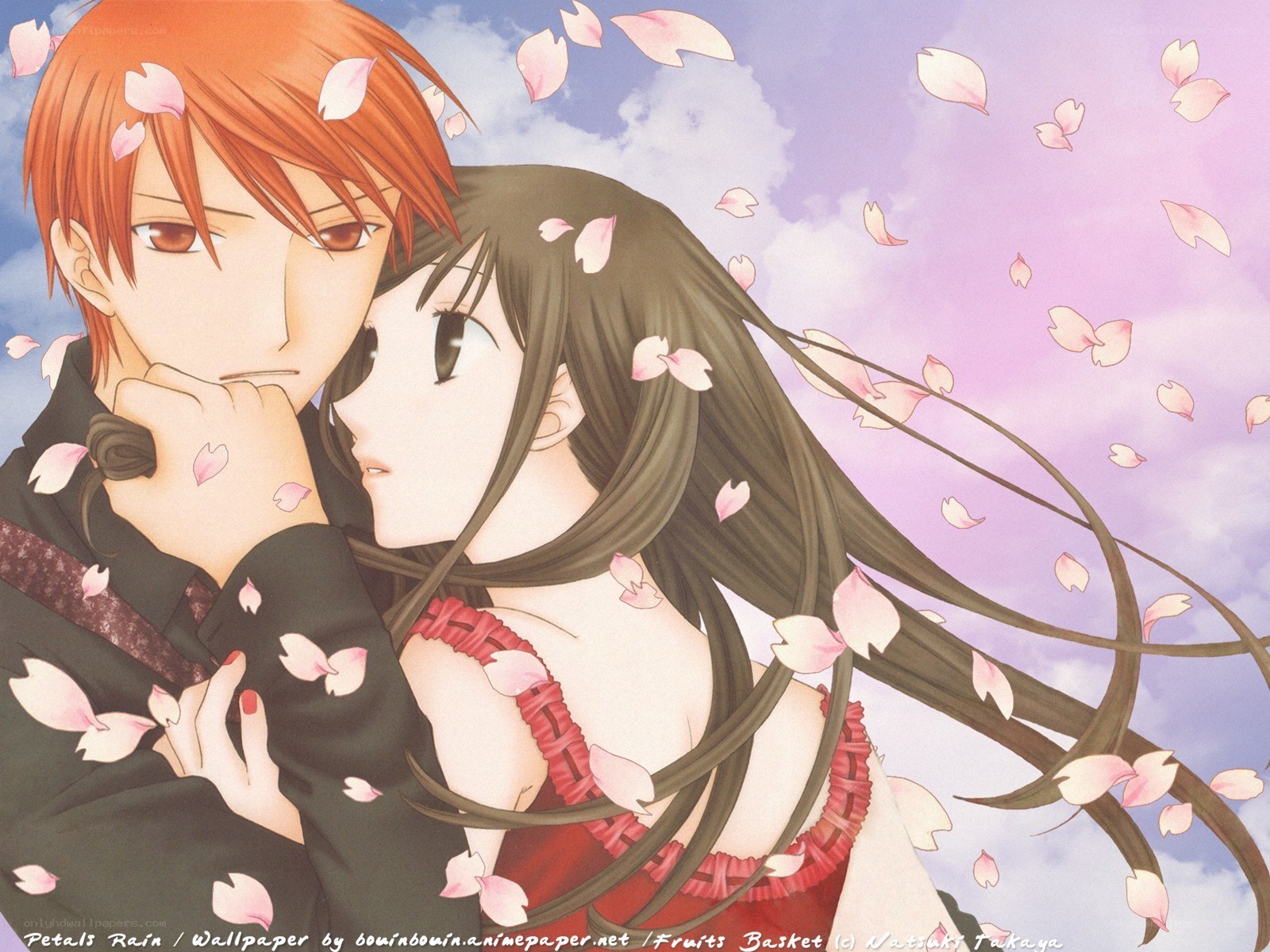 Anime couple in cherry blossom rain