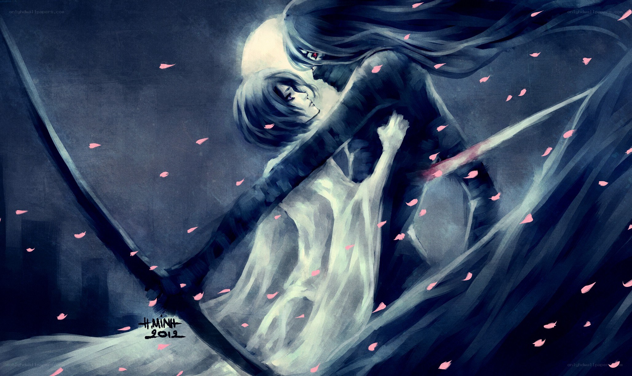 Anime couple in cherry blossom storm