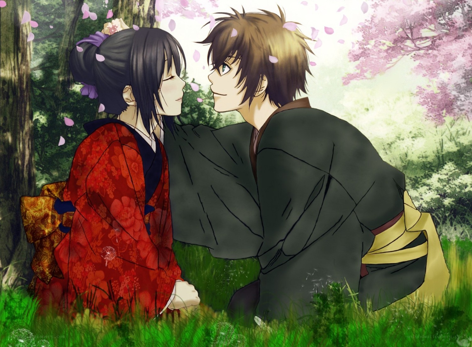 anime couple in cherry blossom