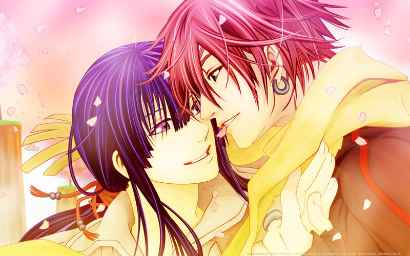 anime couple in cherry blossoms