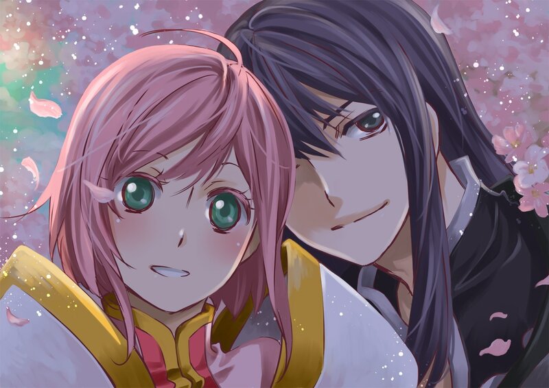 anime couple in cherry blossoms