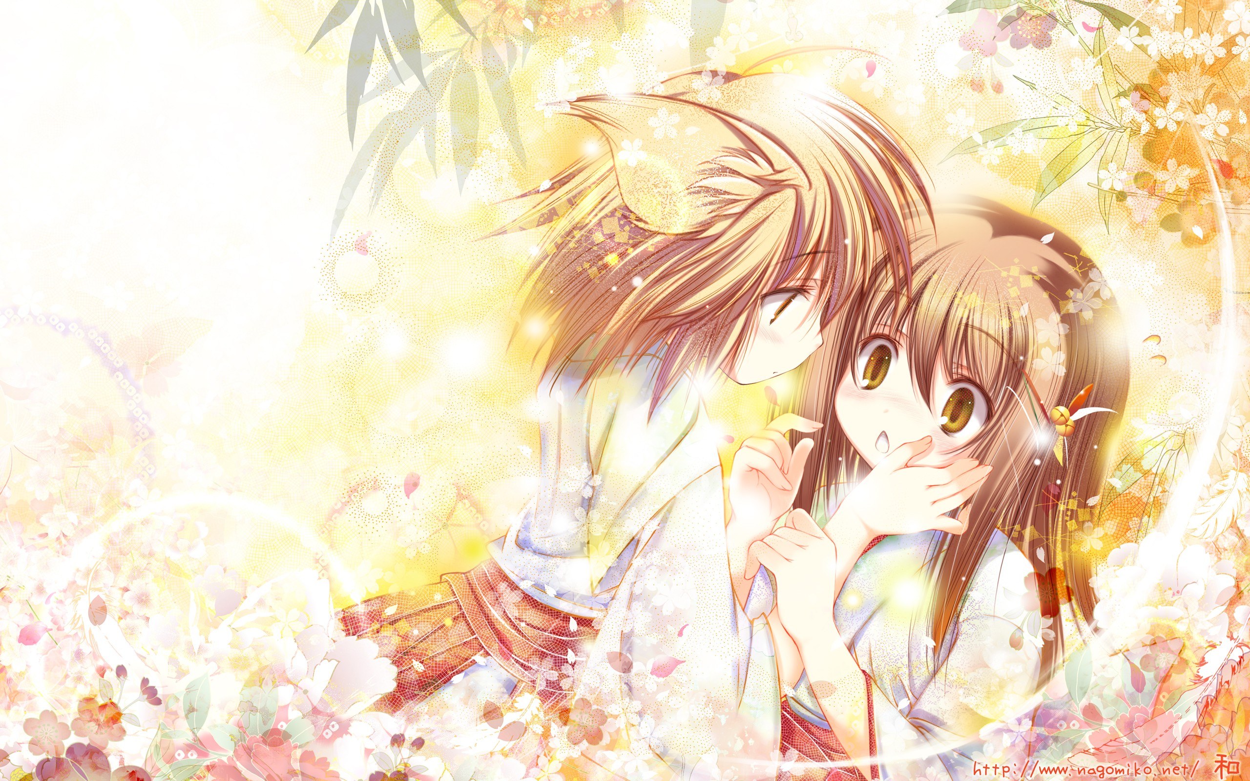 Anime couple in cherry blossoms