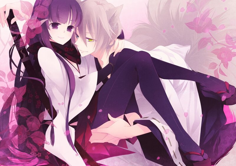 Anime couple in cherry blossoms