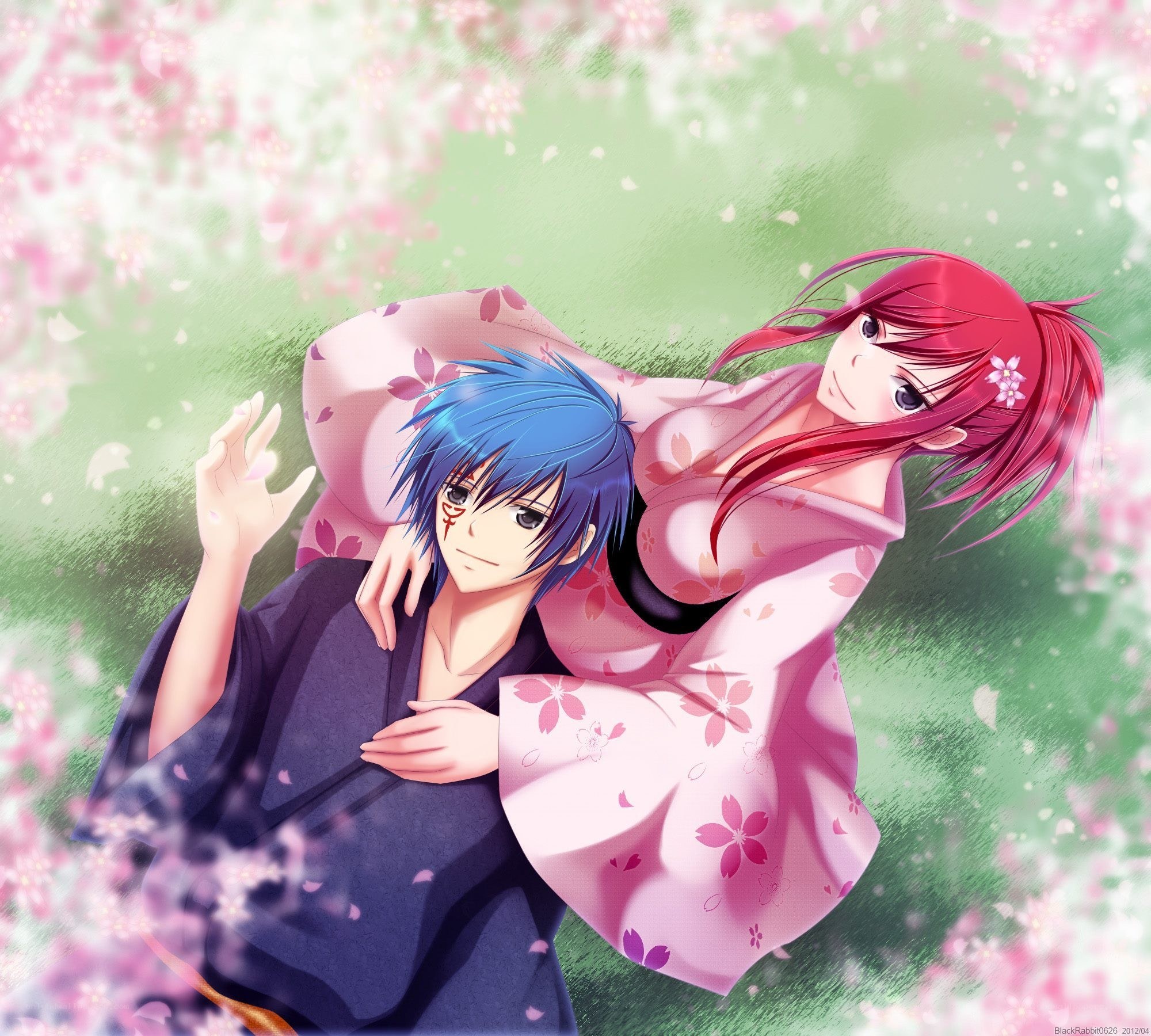 Anime couple in cherry blossoms