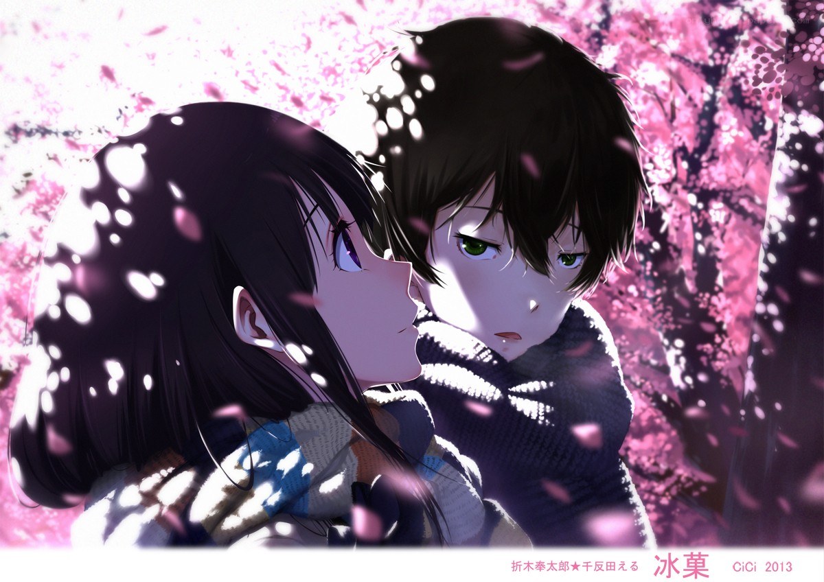 Anime couple in cherry blossoms