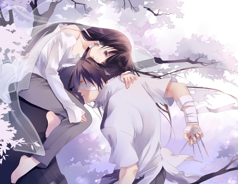 Anime couple in cherry blossoms