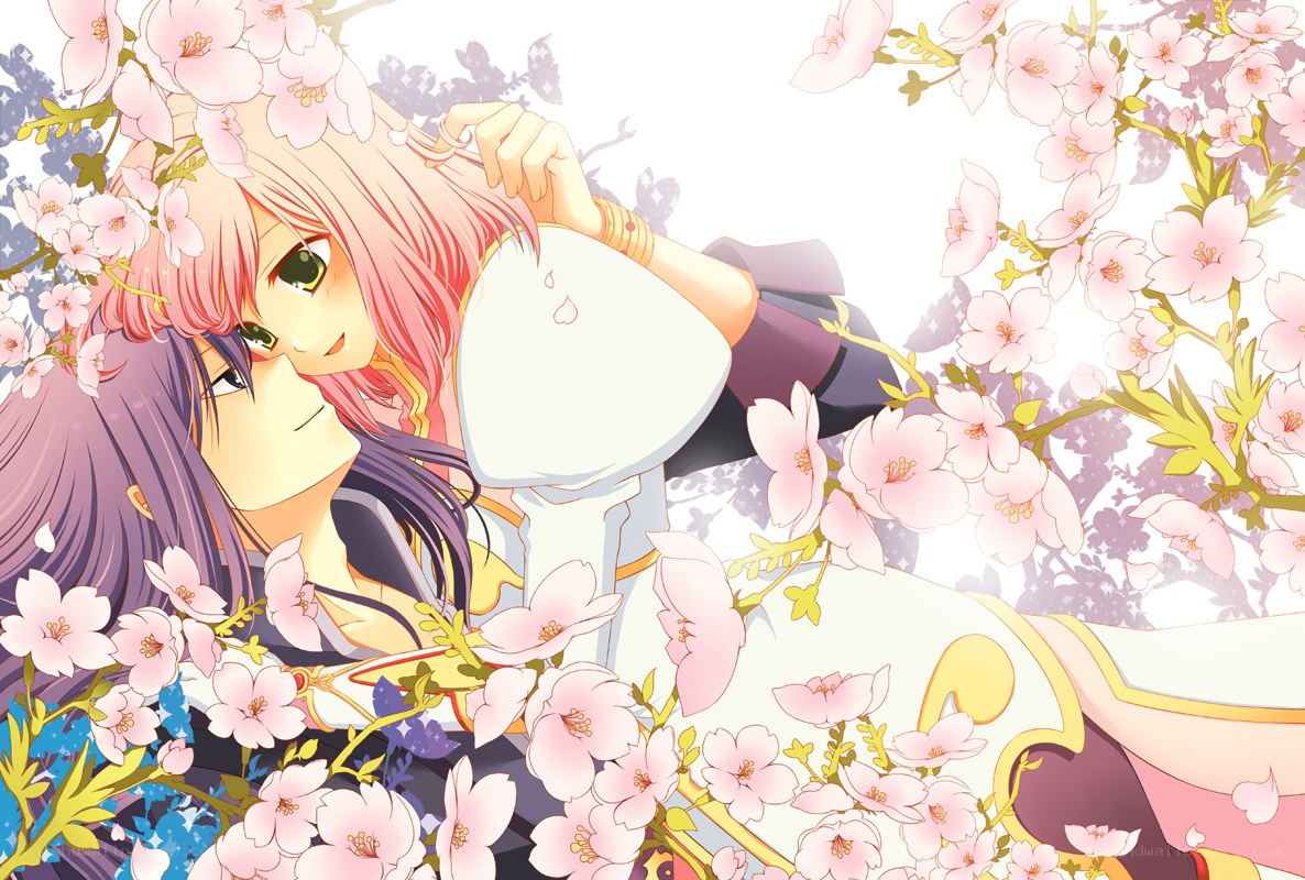 Anime couple in cherry blossoms
