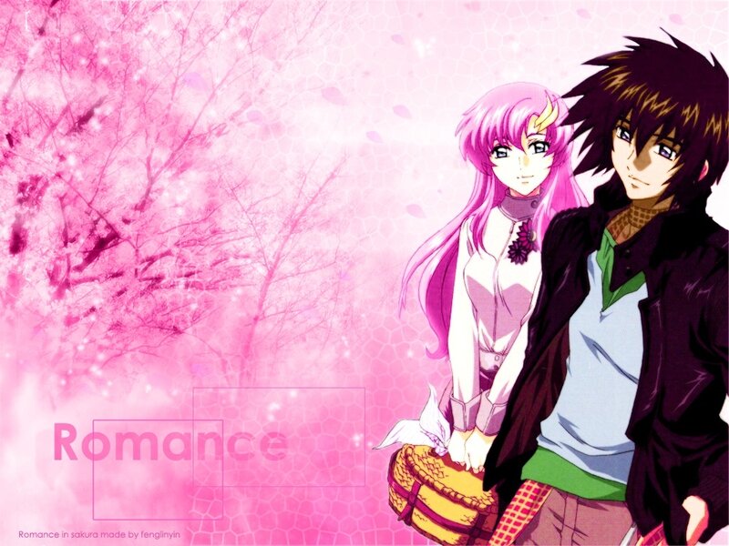 Anime couple in cherry blossoms