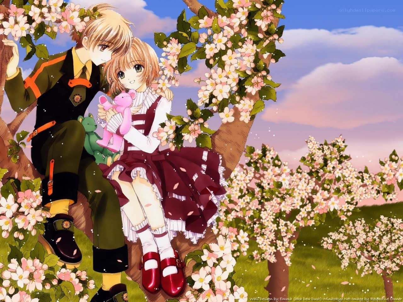 Anime couple in cherry blossoms