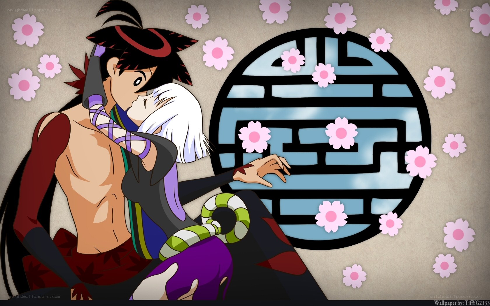 anime couple in cherry blossoms