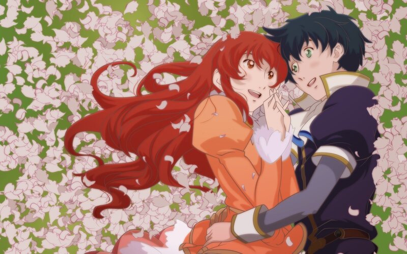 anime couple in cherry blossoms