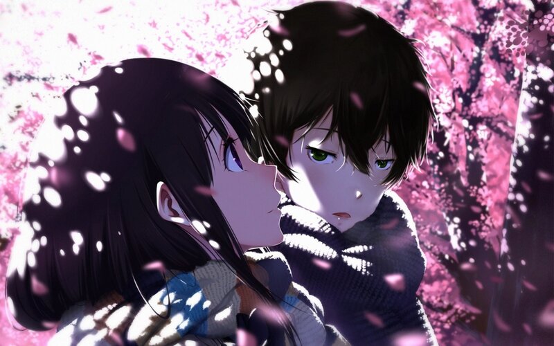 Anime Couple in Cherry Blossoms — Pink, Romantic, Spring, Cherry Blossoms