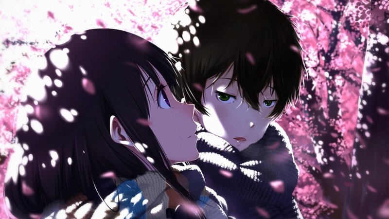 Anime Couple in Cherry Blossoms — Pink, Romantic, Spring