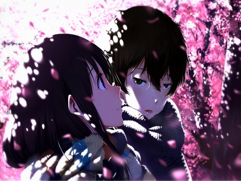 Anime Couple in Cherry Blossoms — Pink, Romantic