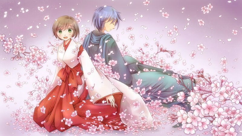 Anime Couple in Cherry Blossoms — Pink, Serene
