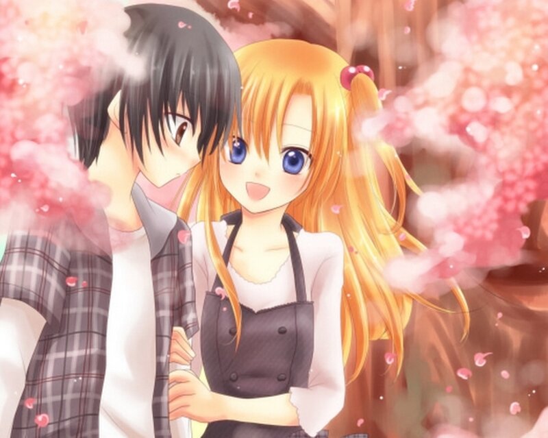 Anime Couple in Cherry Blossoms — Pink