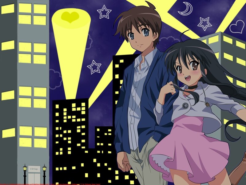 Anime couple in city at night