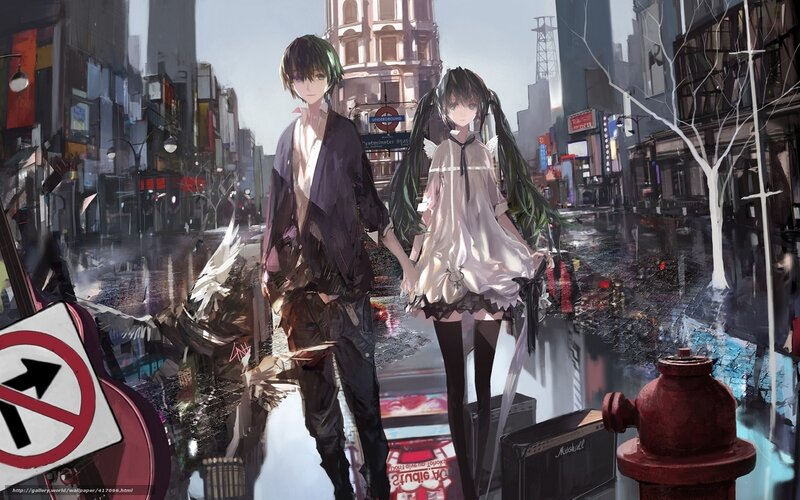Anime couple in city street