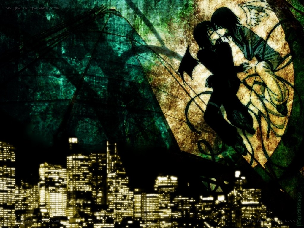 anime couple in cityscape